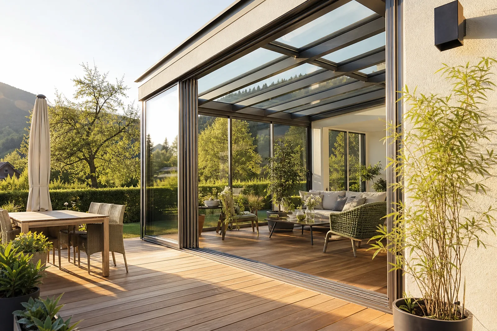 Sommergarten mit geöffneten Glasschiebeelementen auf einer sonnigen Terrasse