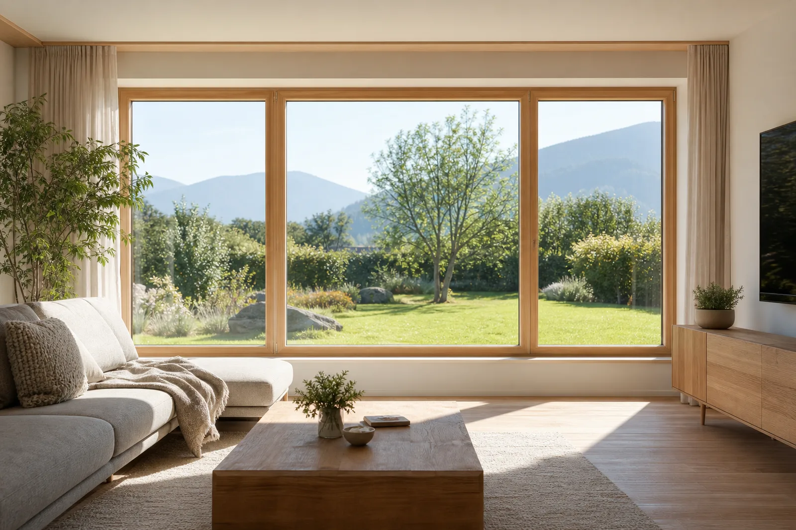 Modernes Fenster mit Dreifachverglasung in einem hellen Wohnraum