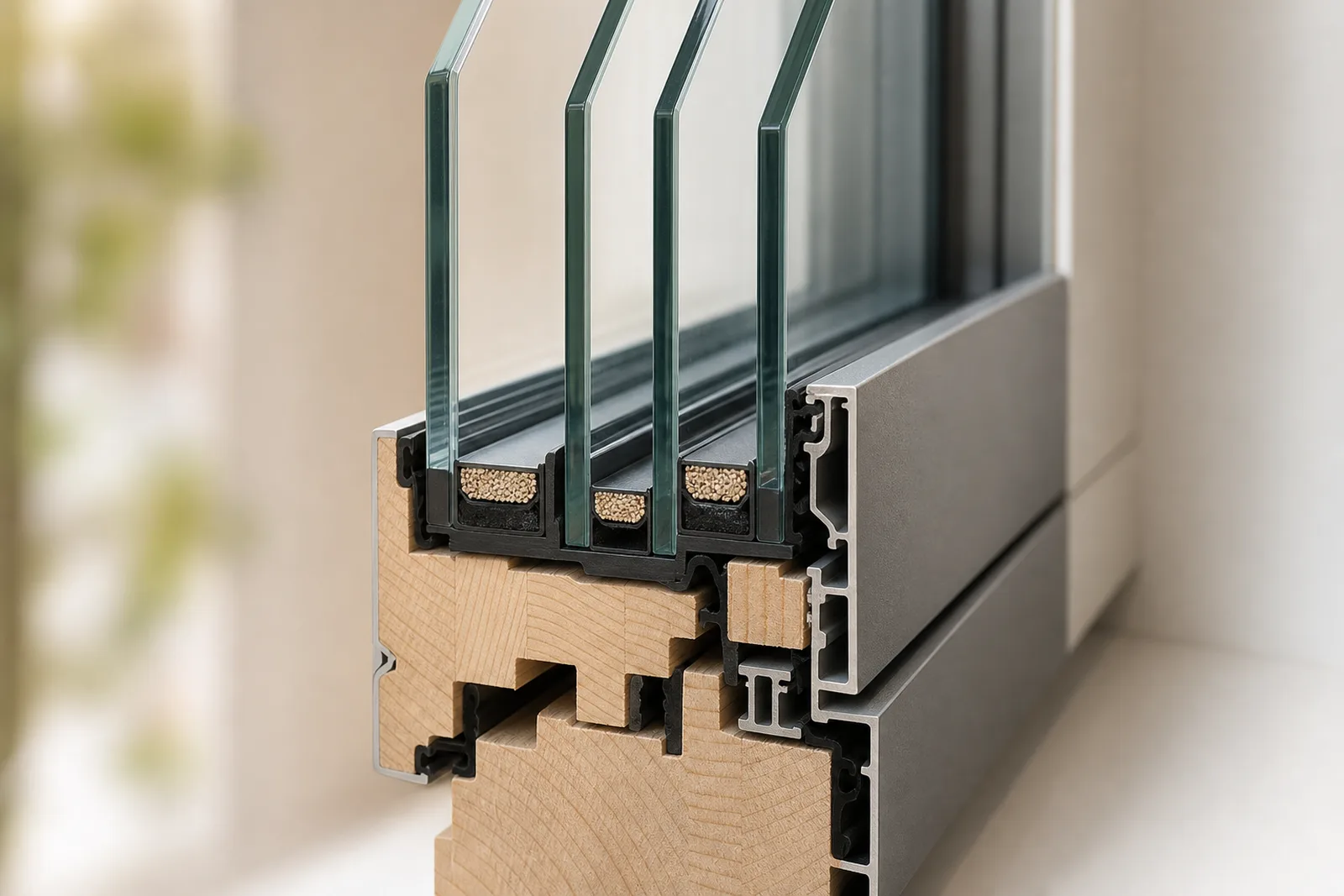 Nahaufnahme eines Fensterrahmens mit Mehrfachverglasung im Querschnitt