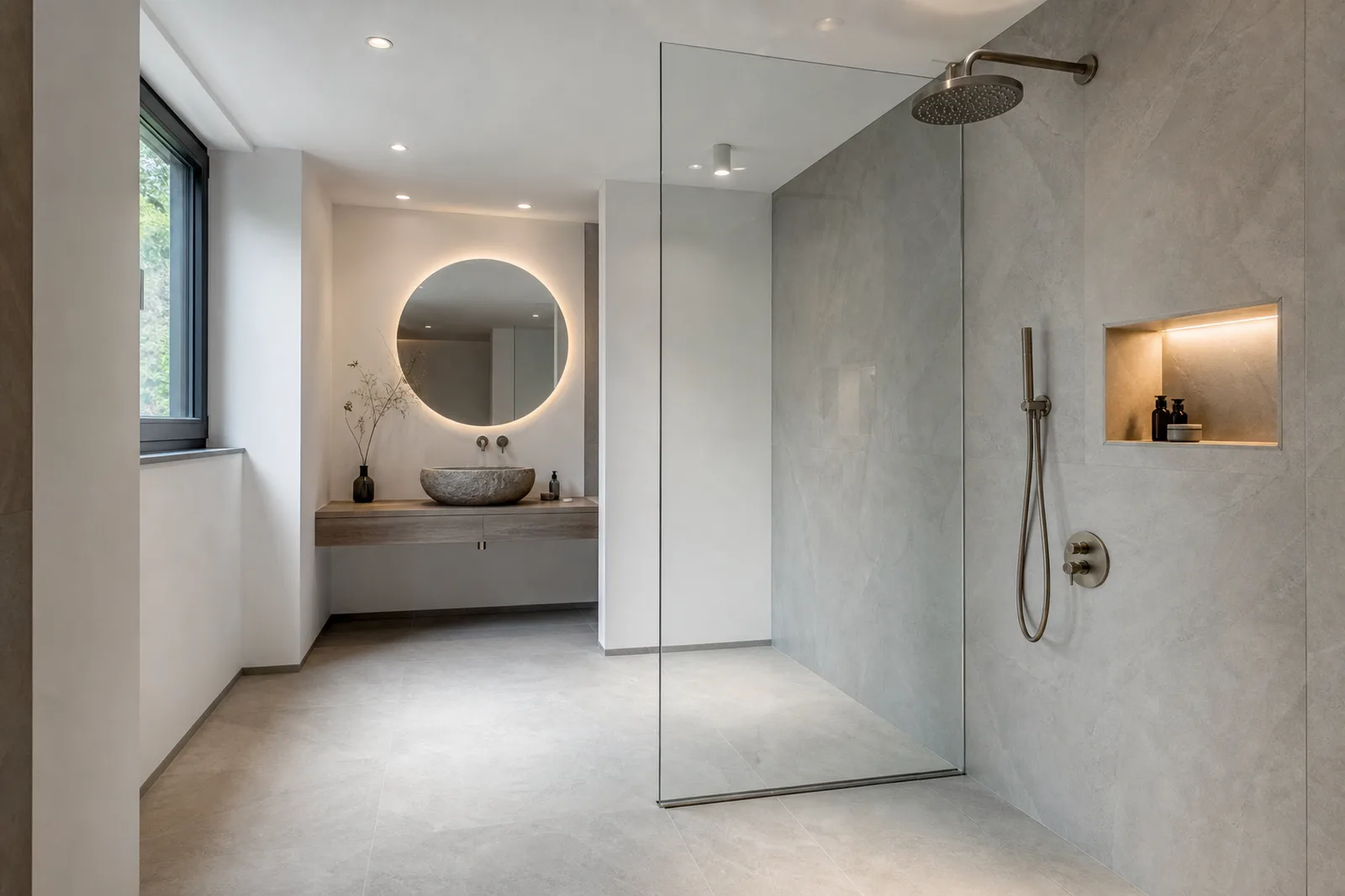 Bodengleiche Dusche mit Walk-in-Duschwand aus Glas ohne Tür in einem modernen Badezimmer
